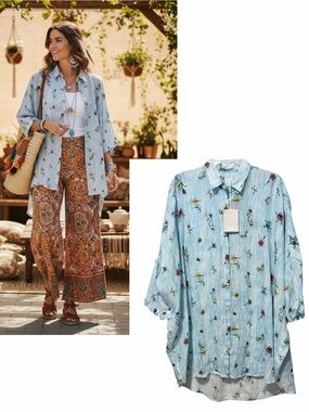120% LINO NWT Striped Floral Print Button Down Dolman Sleeve Oversized Linen Top